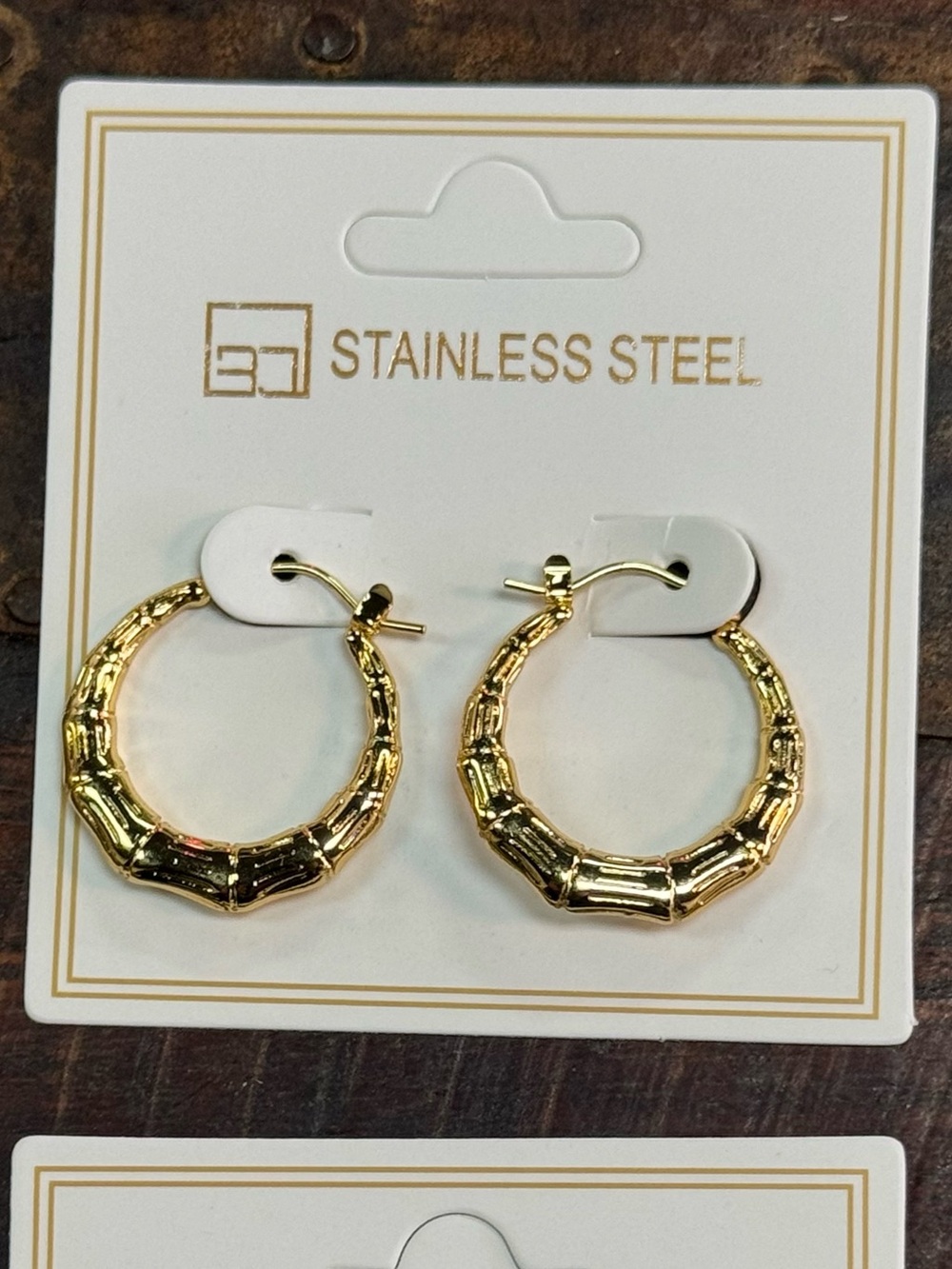 Gold Textured Bamboo Hoop Earrings - Stainless Steel